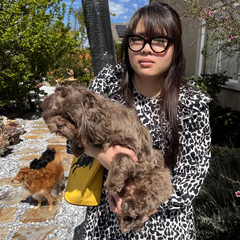 Woman in cow print dress holding dog and yellow purse